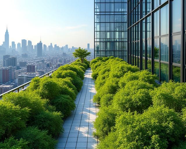 Cubierta verde en un edificio de oficinas en Madrid, mejorando la biodiversidad urbana.