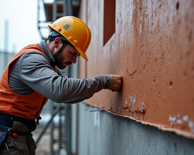 Trabajador aplicando un tratamiento de impermeabilización en la fachada de un edificio.