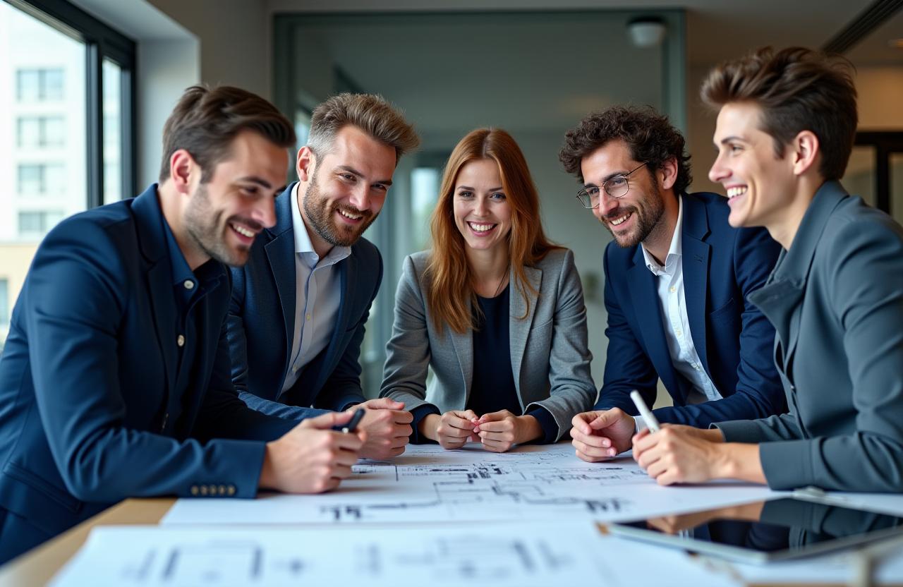 El equipo multidisciplinar de TerraLume Constructores discutiendo planos de un proyecto de innovación sostenible.
