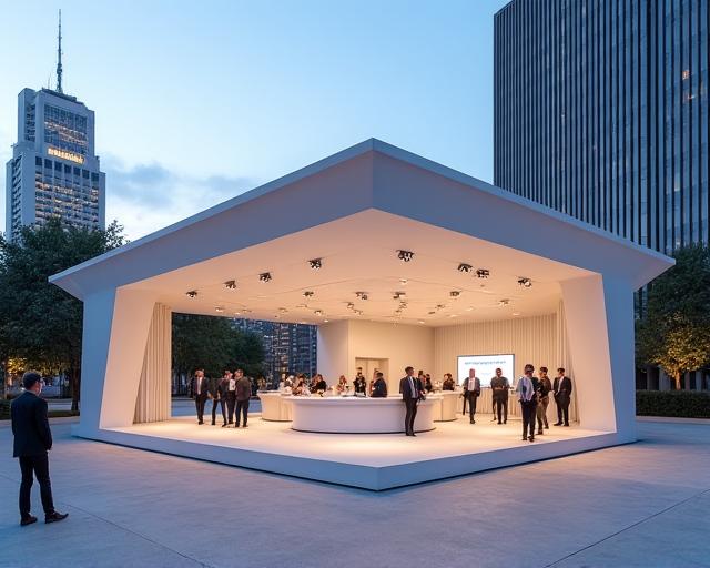 Estructura temporal moderna montada para un evento corporativo al aire libre.