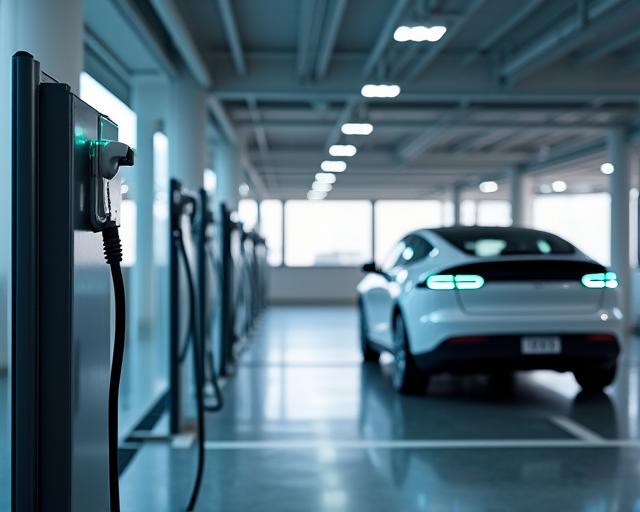 Puntos de recarga para vehículos eléctricos instalados en un aparcamiento moderno.